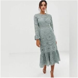 ASOS Sage Green Eyelet Design Long Sleeve Midi Dress Size 10 NWT
